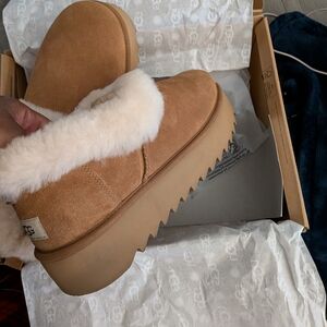 UGG Chestnut Suede Shearling Platform Slip-On Slipper